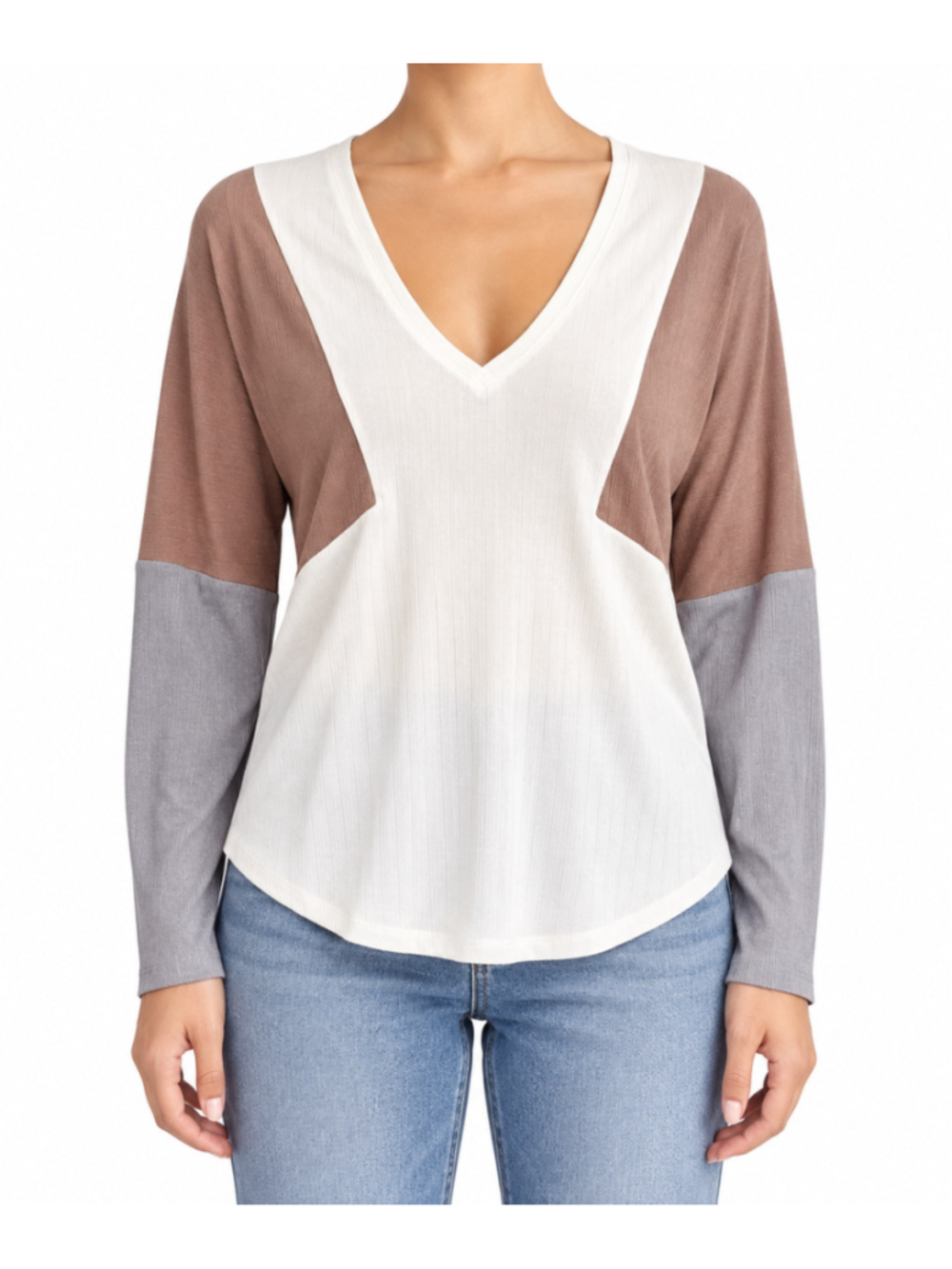 ZARA W Collection Colorblock Ribbed V Neck Long Sleeve Top Cream Taupe Gray Sz S